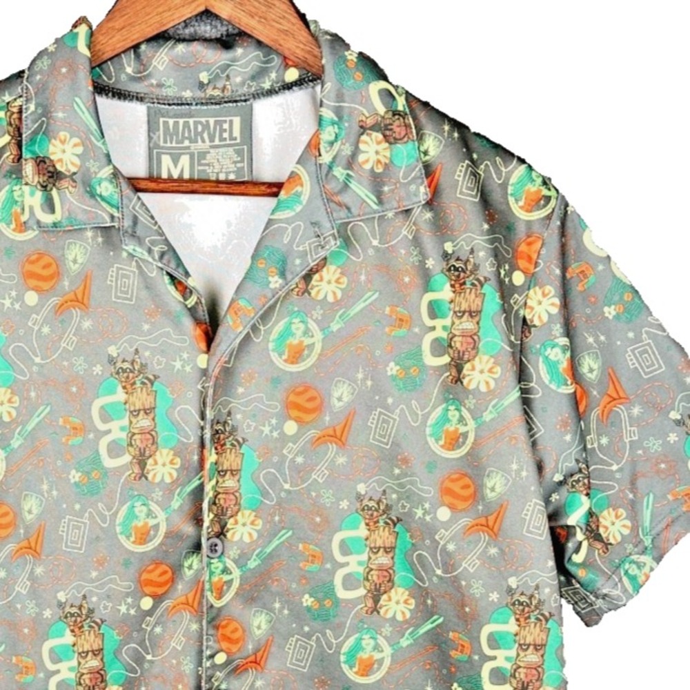 Marvel LootWear Mens M Guardians Of the Galaxy Tiki Aloha Button Shirt Grey